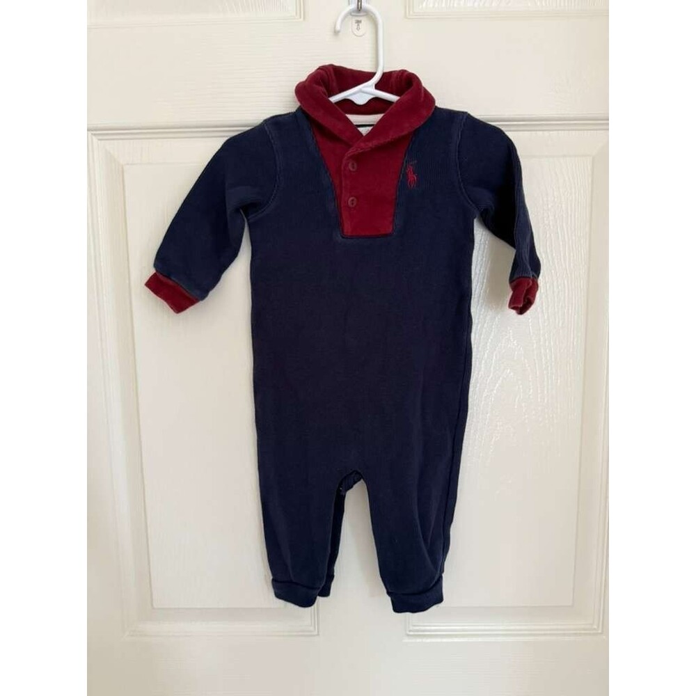 Ralph Lauren Baby Romper 6M Navy Burgundy Pony One Piece Outfit